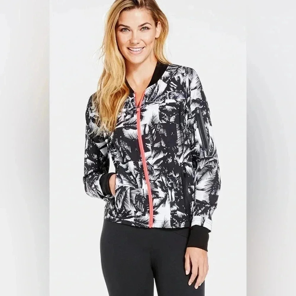 Fabletics Diana Bomber Athletic Jacket Malibu Print Hot Coral